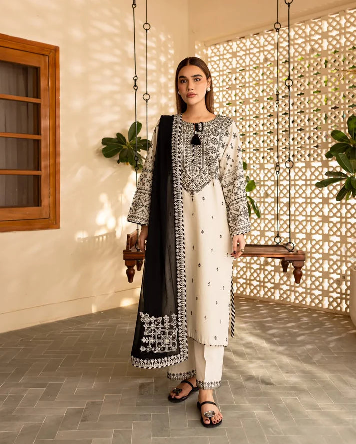 Black and white embroidered 3-piece lawn suit by ZAMARANG