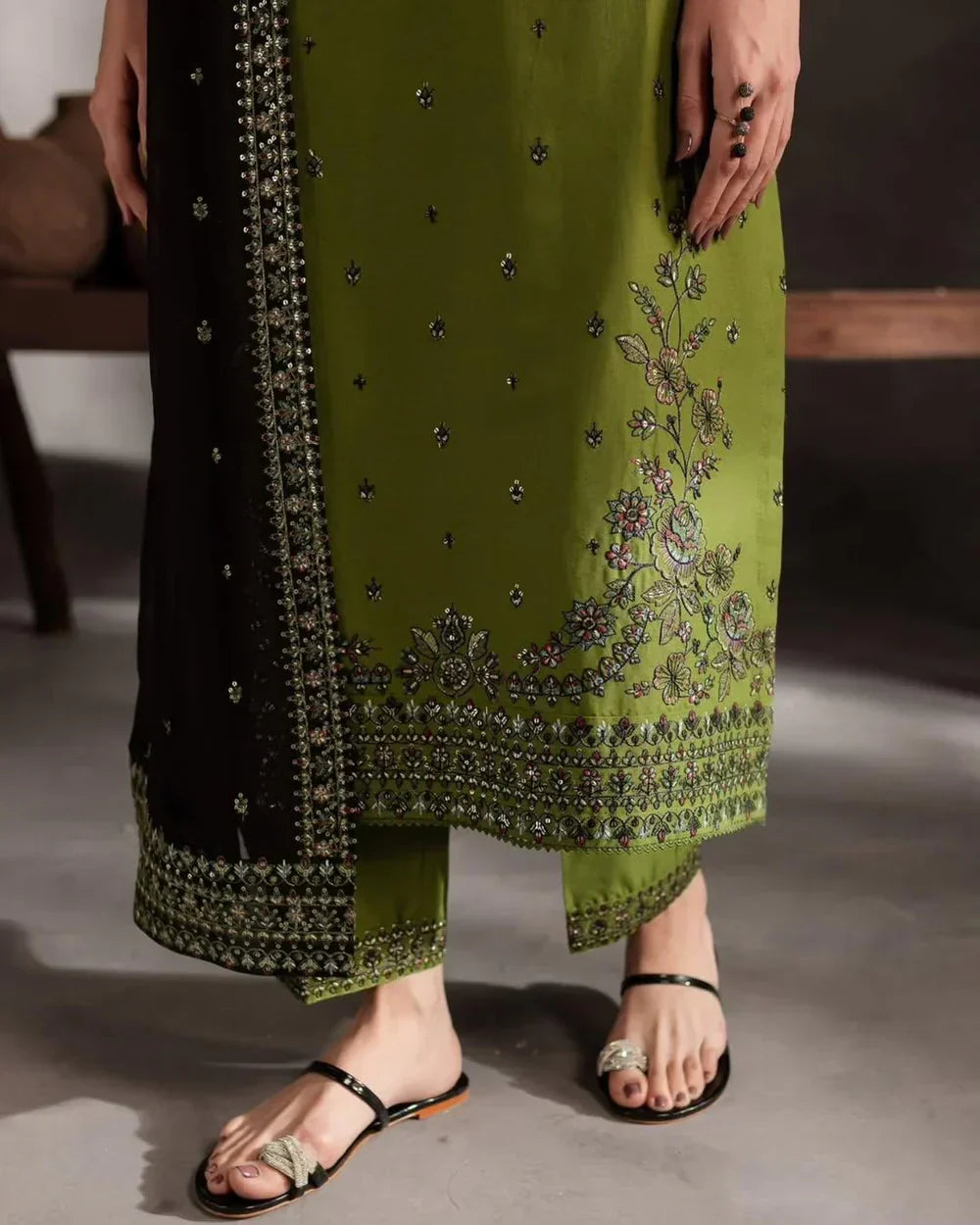 Close-up neckline embroidery on olive lawn kurta