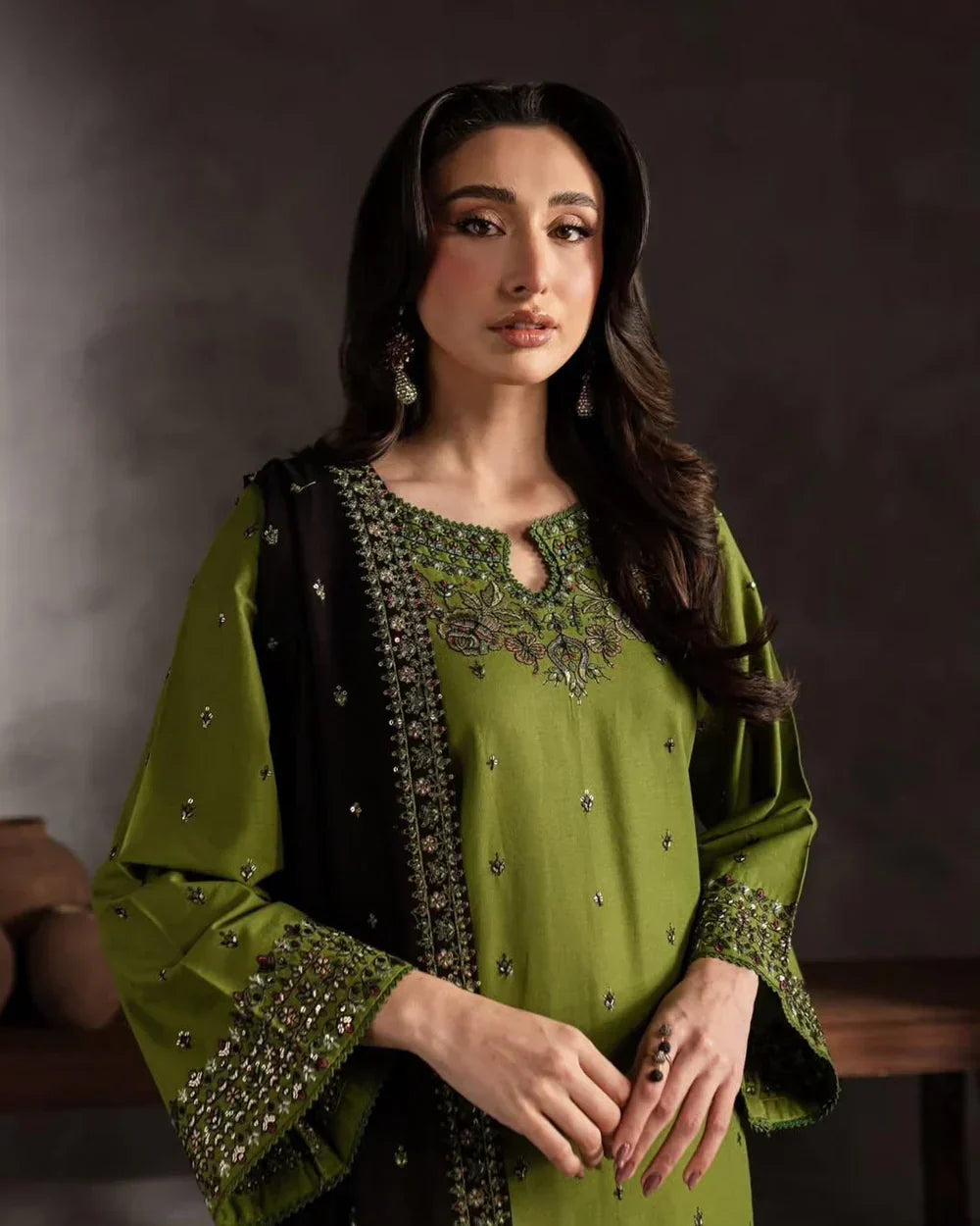 Full outfit with plain lawn straight trouser and black chiffon dupatta