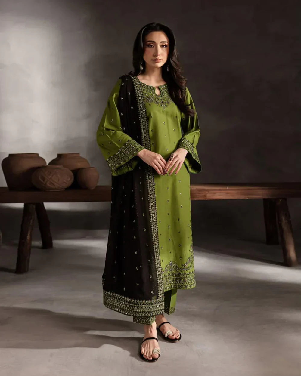 Olive Enchantress embroidered pure lawn 3 piece suit front view ZAMARANG