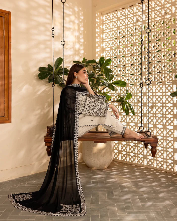 Model wearing Noir Elegance embroidered 3-piece outfit with contrast dupatta