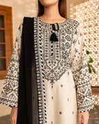 Front view of embroidered long lawn shirt with black dupatta