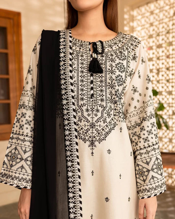 Front view of embroidered long lawn shirt with black dupatta