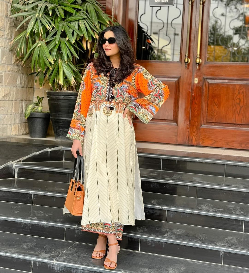 Amber Glow digital printed 2 piece suit front view ZAMARANG