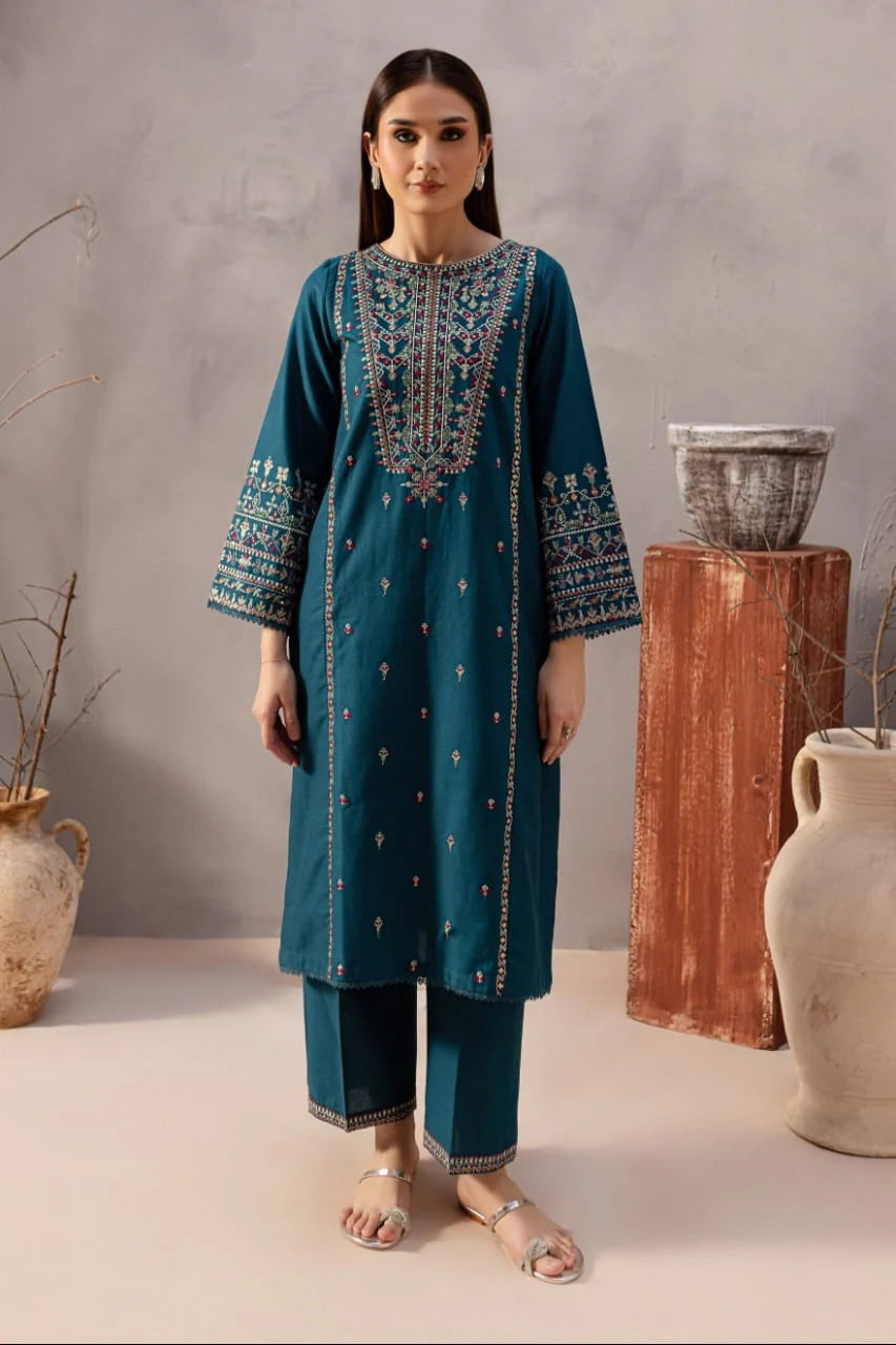 Azure Blue stitched Arabic lawn 2 piece suit front view ZAMARANG