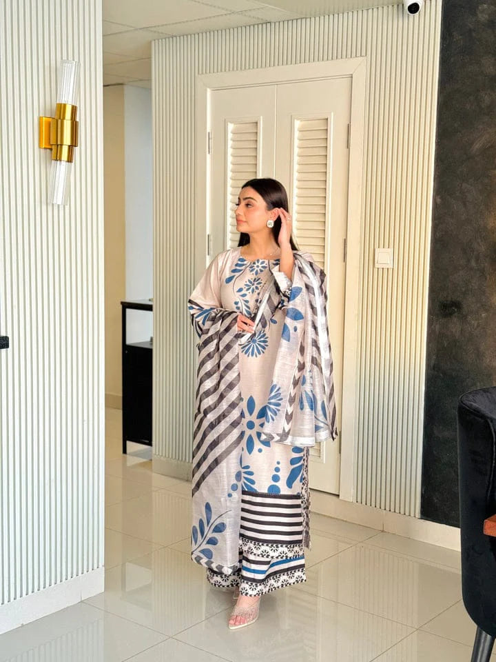 Azure Meadow digital printed poly lawn 3 piece suit front view ZAMARANG