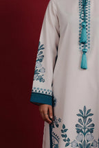 Beige and teal printed 3 piece suit front view