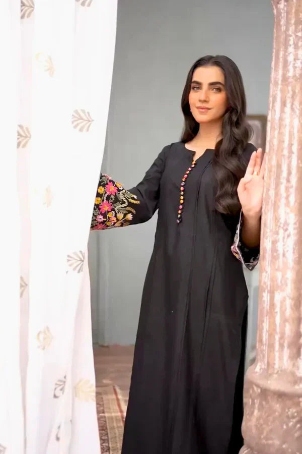 Black embroidered linen kurta with colorful sleeve detailing