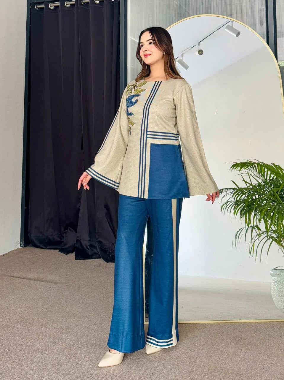 Boat neck shirt with applique floral motif in premium Korean silk