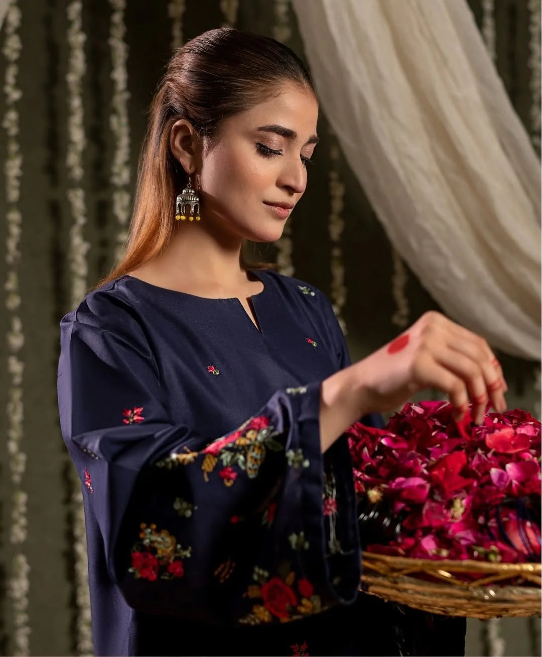 Bright Blue embroidered trouser hem detail in Arabic line