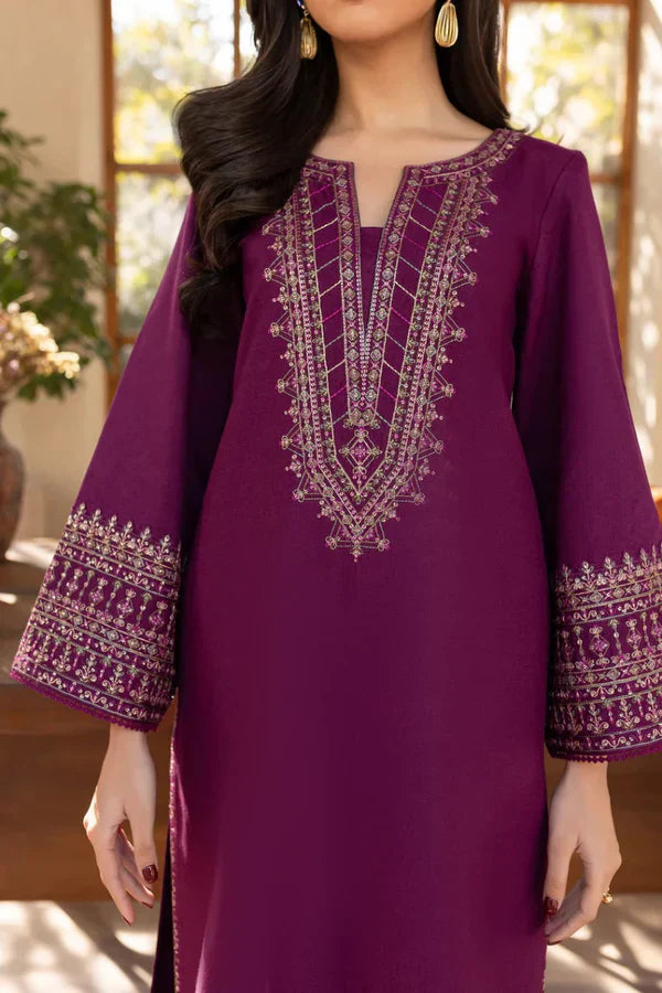 Close-up embroidery detail on plum purple kurta neckline