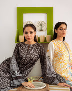 Close-up of black and grey digital print detail on lawn shirt