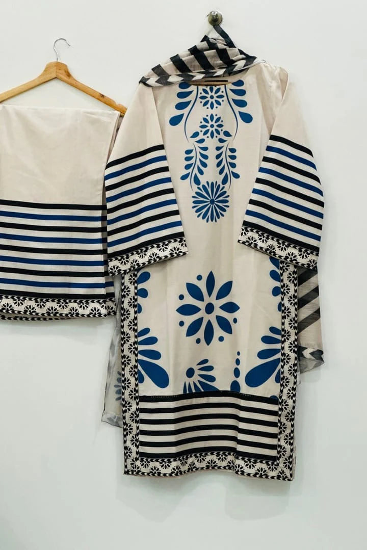 Close up of blue floral and stripe digital print on Azure Meadow kurta