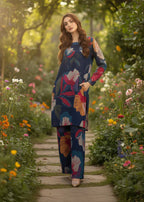 Close up of bold floral print on Midnight Bloom kurta ZAMARANG
