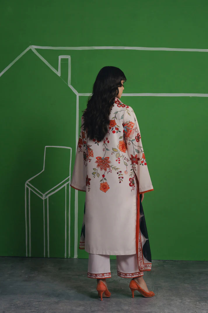 Close up of coral floral neckline detail on ivory kurta