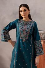 Close up of embroidery on Azure Blue kurta neckline and sleeves