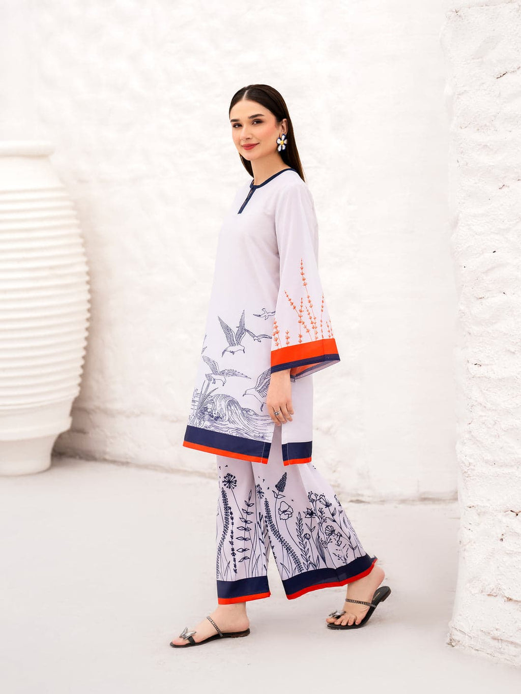 Close up of high definition digital bird print and stripe detail Azure Flight ZAMARANG