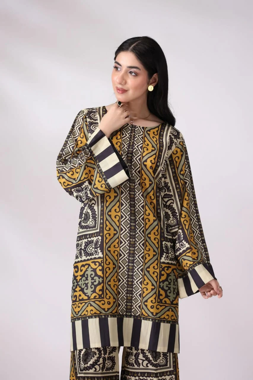 Close up of saffron and black geometric digital print on kurta