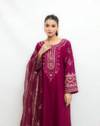 Crimson Bloom embroidered 3 piece suit with dupatta