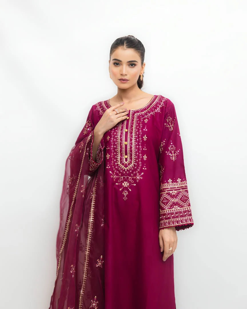 Crimson Bloom embroidered 3 piece suit with dupatta