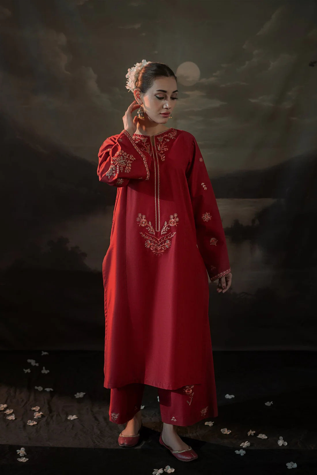 Crimson embroidered long tunic with intricate floral patterns by ZAMARANG