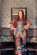 Dark base 2 piece summer suit with red and teal flowers