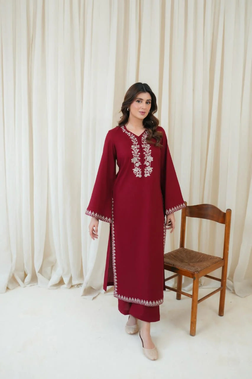 Deep Burgundy linen embroidered shirt front view by ZAMARANG