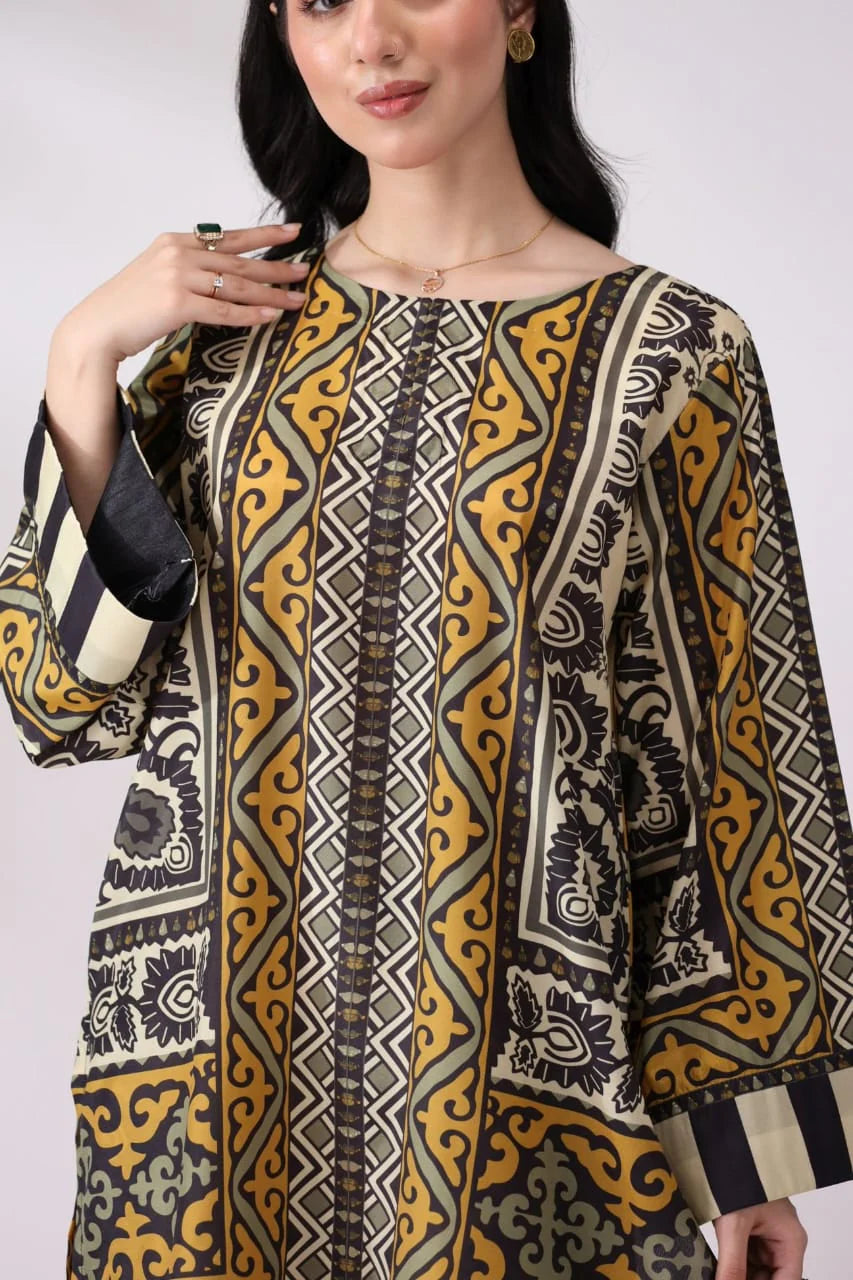 Detail of cuff print and hem pattern Saffron Mosaic kurta