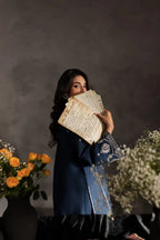 Detailed sleeve embroidery and hem on Serene Blue kurta