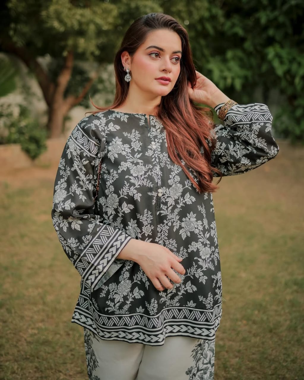 Digital printed black and white stitched 2 piece suit for women