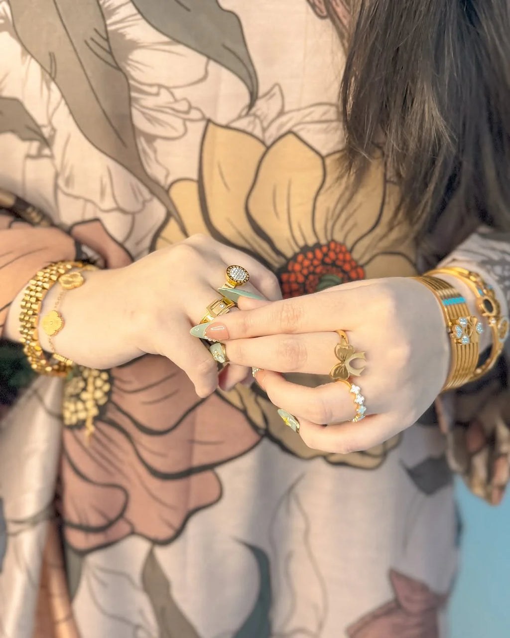 Elegant digital floral print closeup on Petal Whisper suit