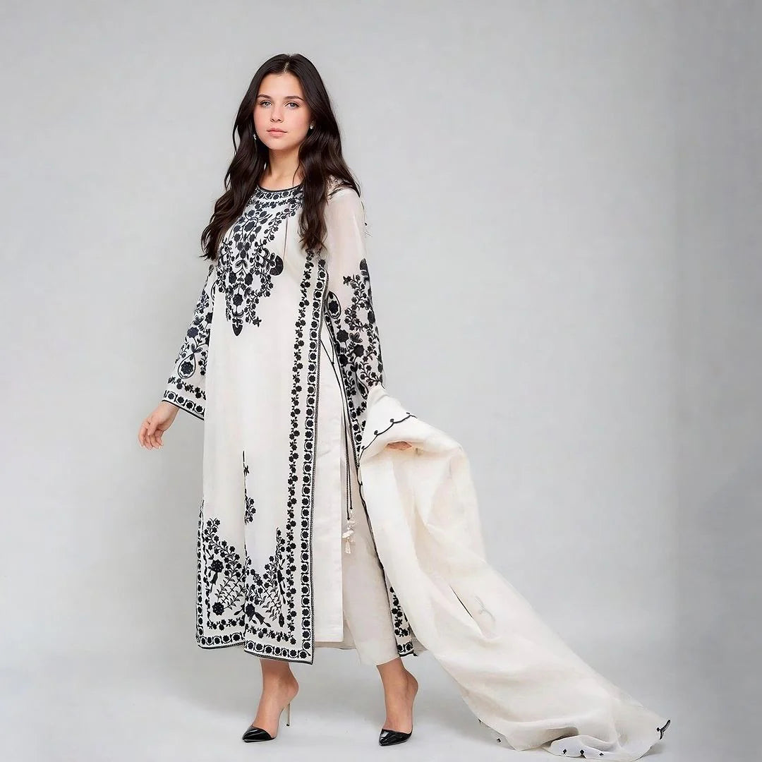 Embroidered organza dupatta with formal stitched suit by ZAMARANG