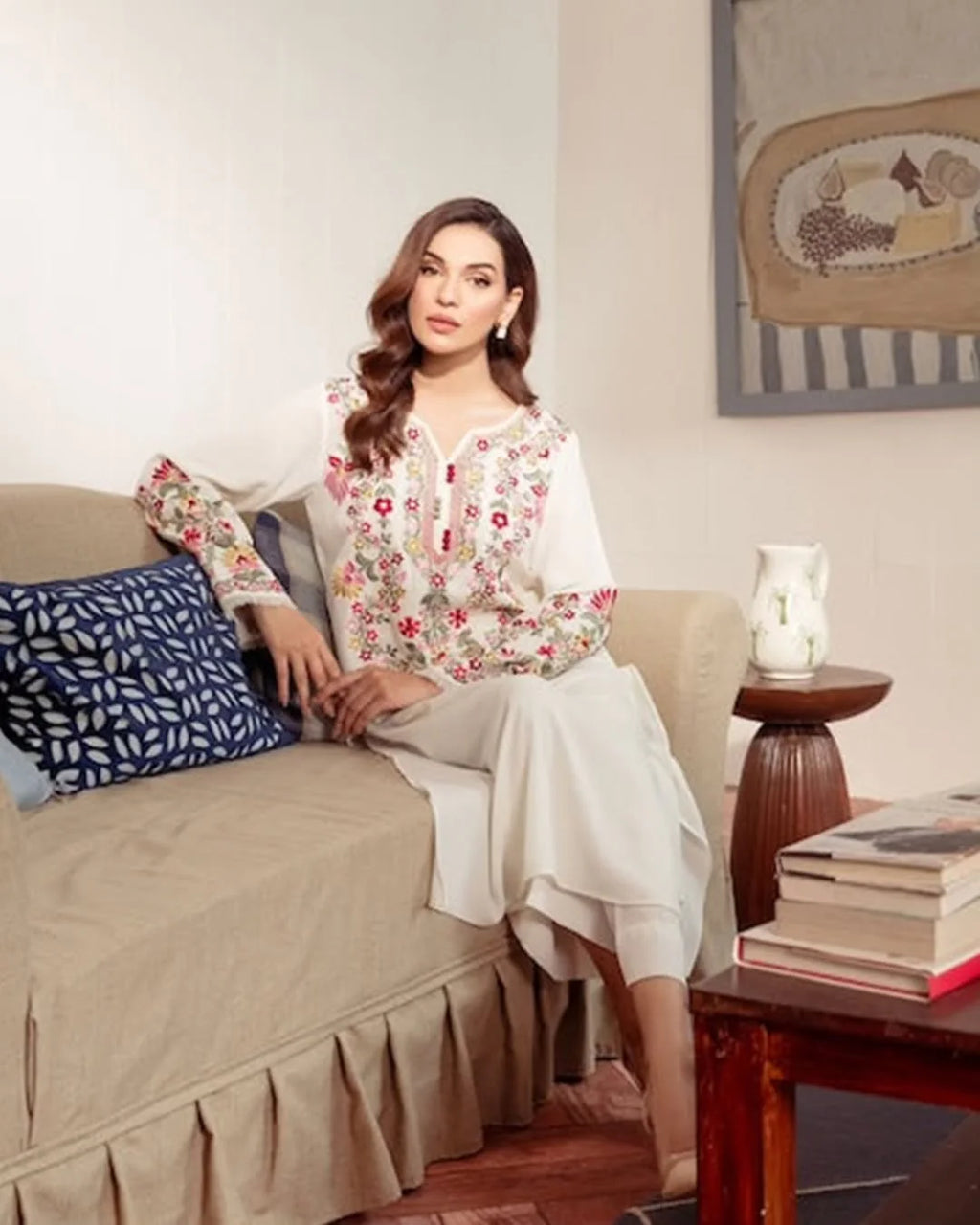 Embroidered sleeves with pink and green threadwork – ivory lawn fabric