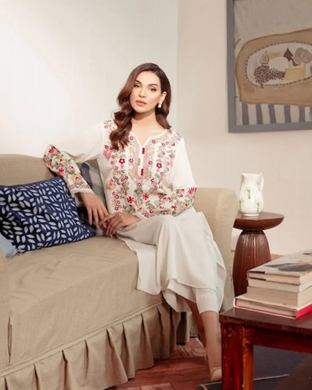 Embroidered sleeves with pink and green threadwork – ivory lawn fabric