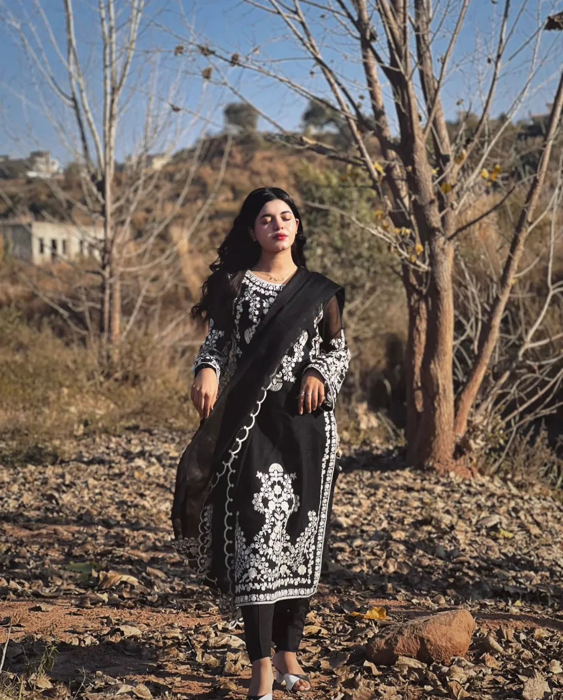 Festive wear organza 3-piece outfit featuring embroidery details