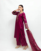 Front view of Crimson Bloom embroidered festive outfit