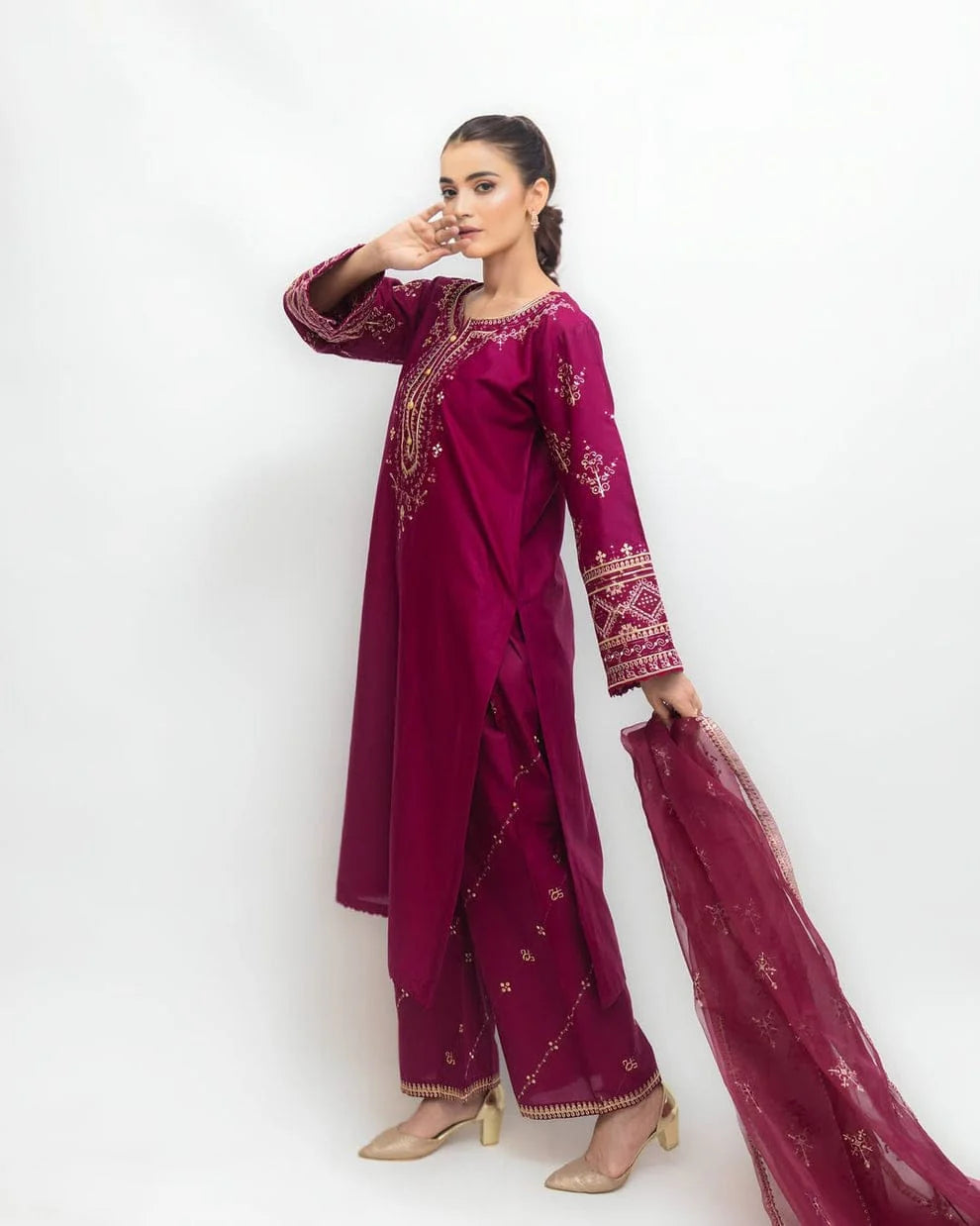 Front view of Crimson Bloom embroidered festive outfit