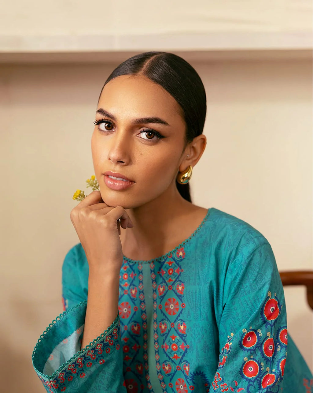 Front view of teal blue floral digital printed shirt with matching trousers