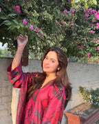 Full look model shot Crimson Bloom digital 3 piece suit ZAMARANG