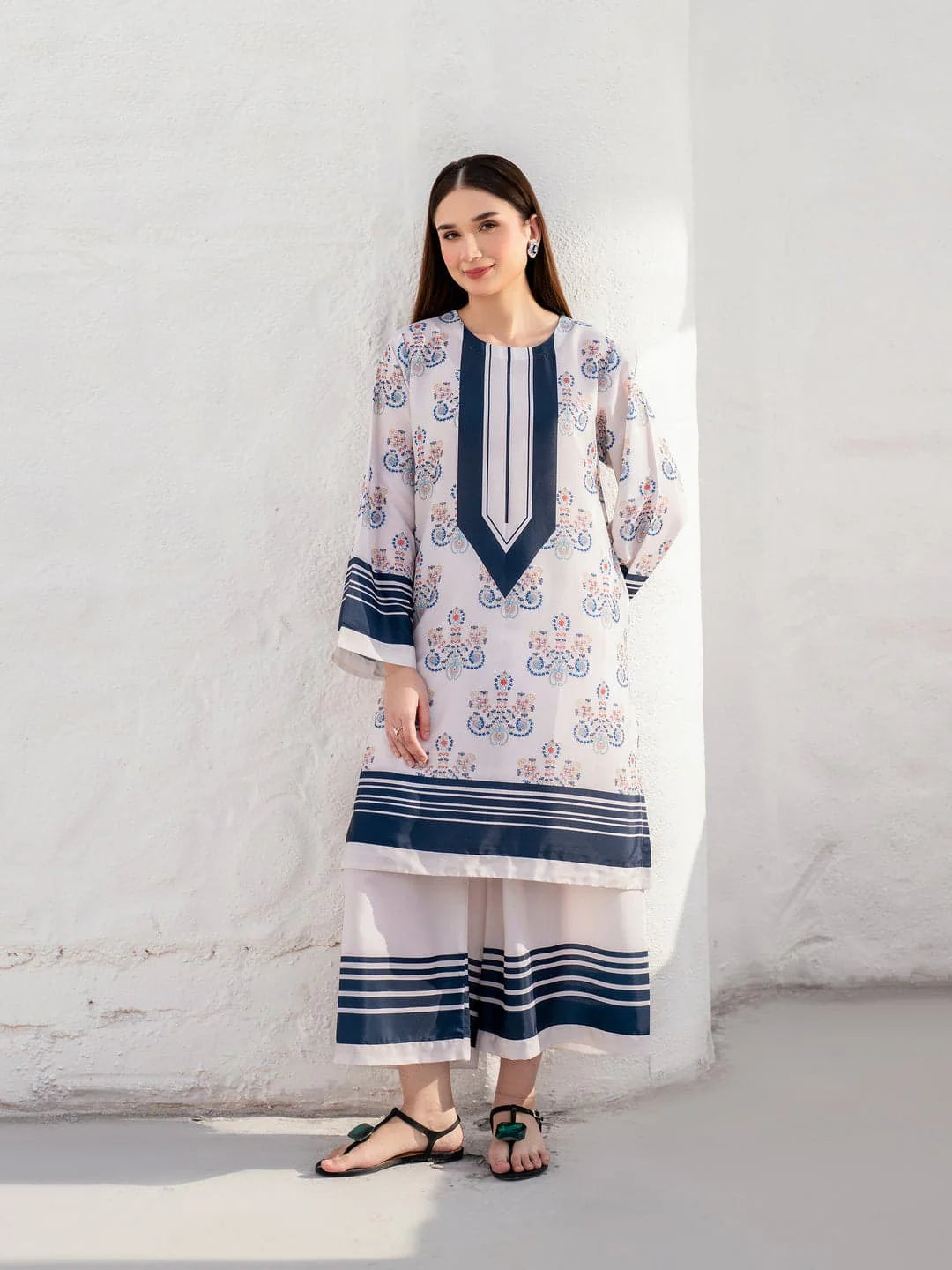 Full look model shot Nila Stripe digital lawn 2 piece suit ZAMARANG
