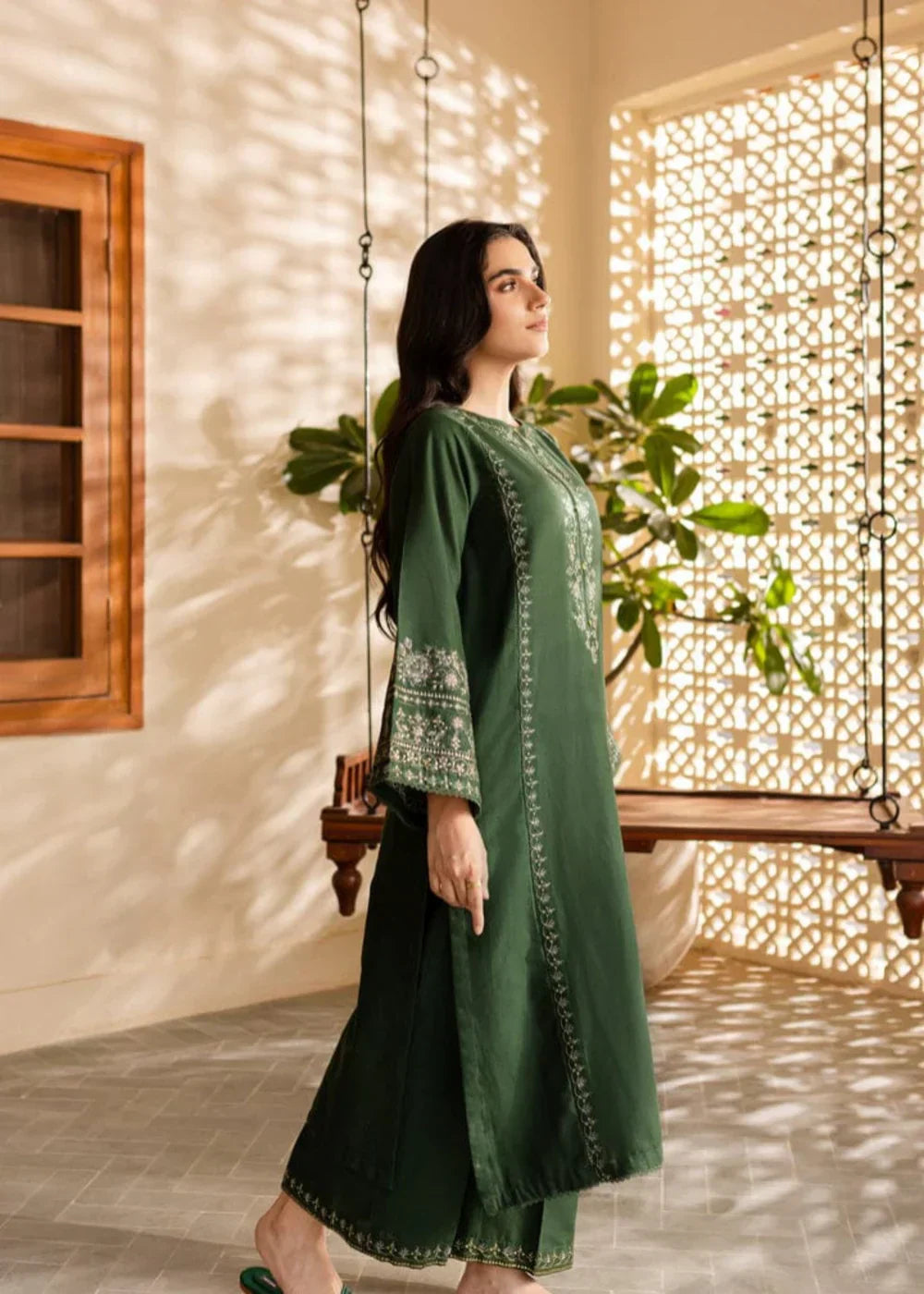Full look model shot Zynah Olive Muse embroidered lawn suit ZAMARANG