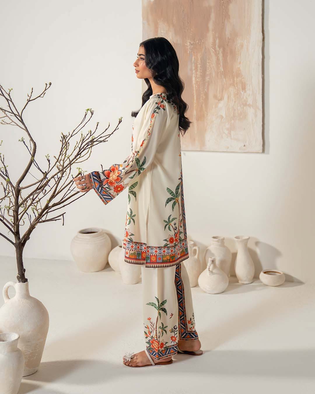 Full outfit view of digital printed 2 piece cream suit by ZAMARANG