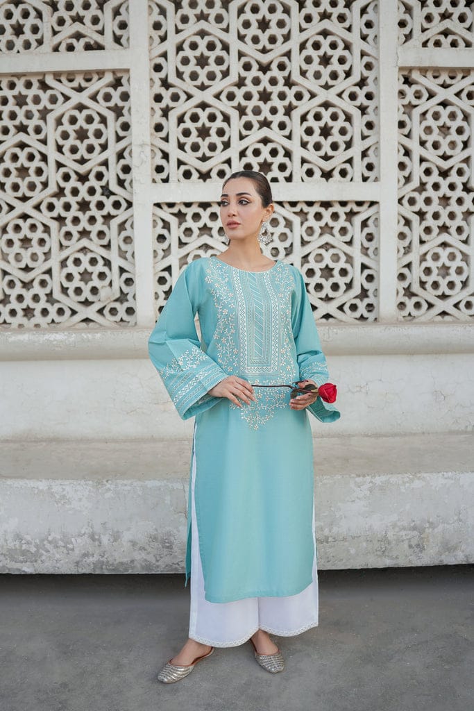 Full view of embroidered 2 piece suit in powder blue and white