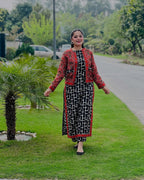 Full view of stitched 3 piece black geometric print suit by ZAMARANG