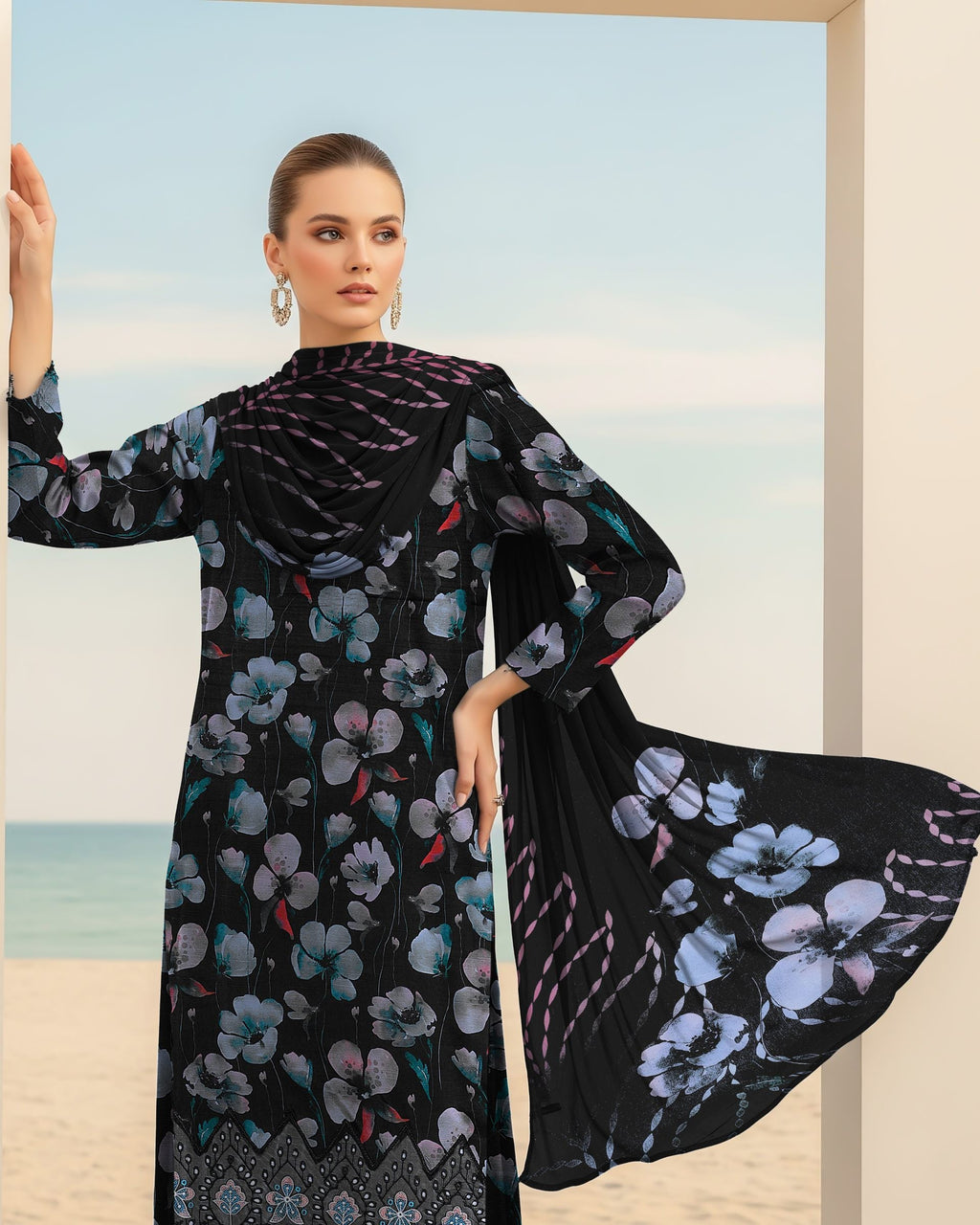Black Floral Embroidered Viscose 3-Piece Suit