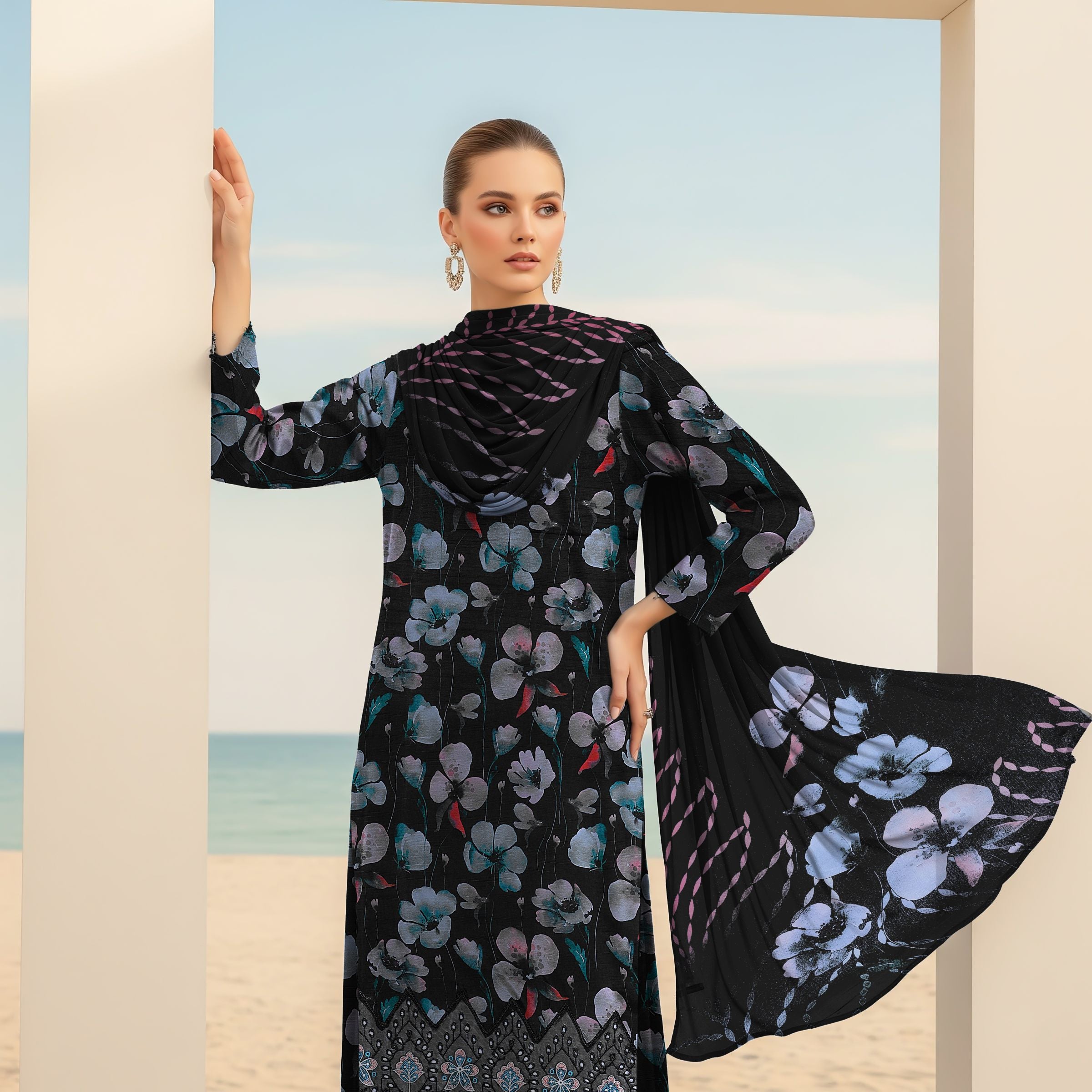Black Floral Embroidered Viscose 3-Piece Suit