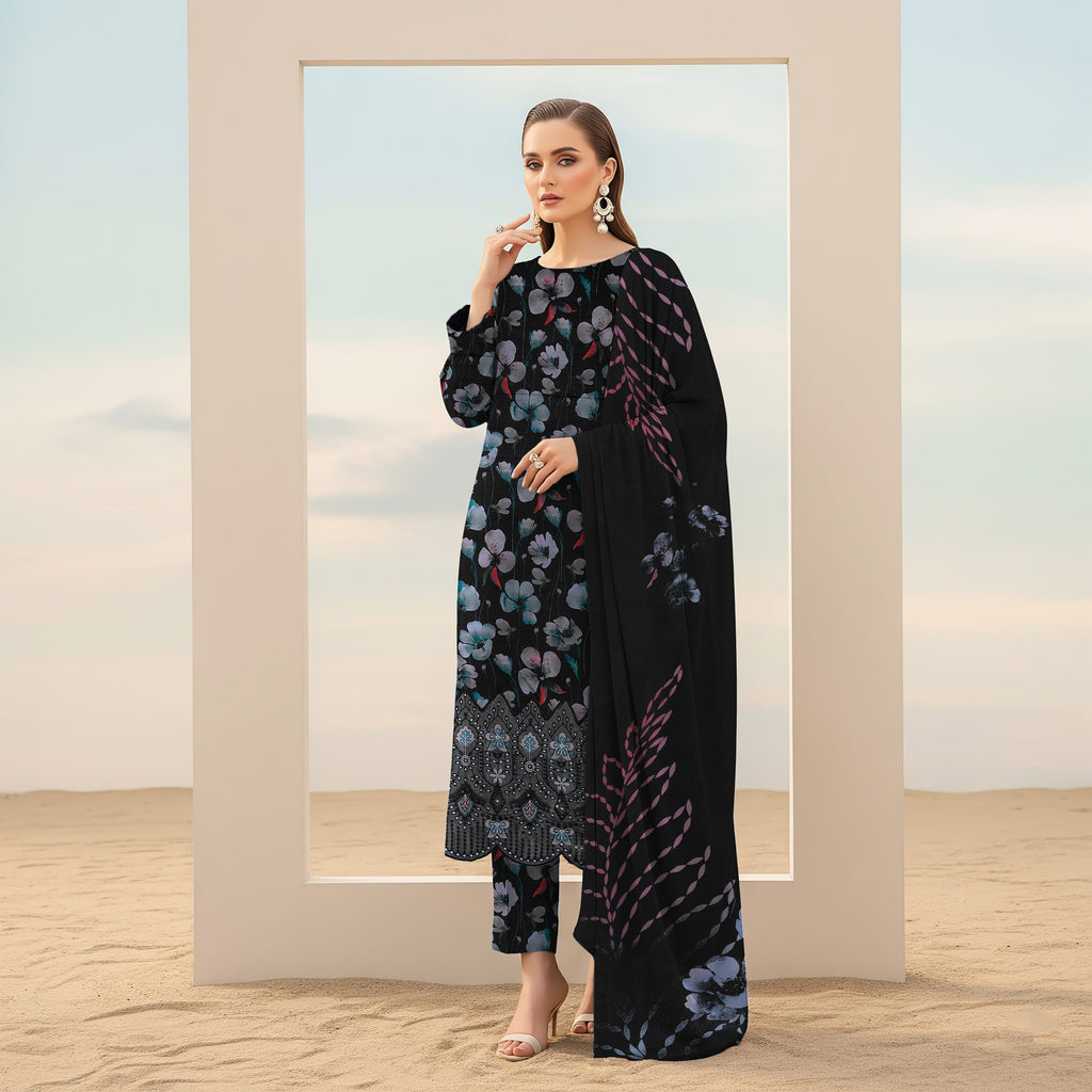 Black Floral Embroidered Viscose 3-Piece Suit