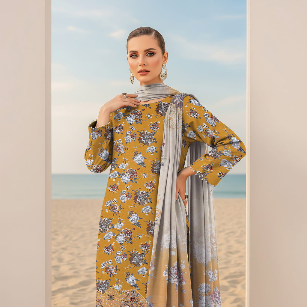 Mustard yellow winter embroidered viscose suit front display ZAMARANG