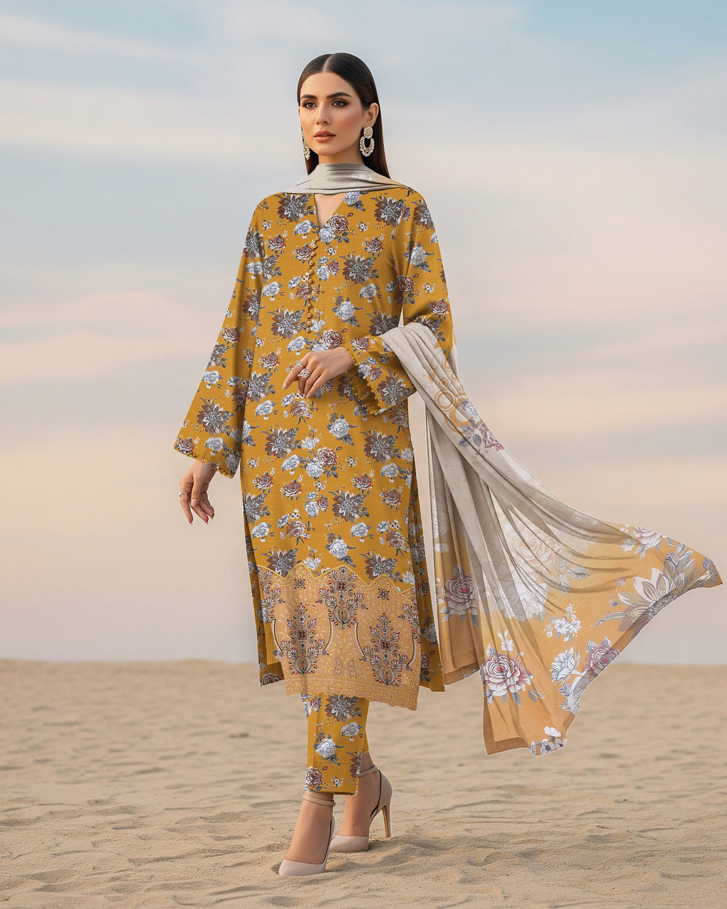 Detailed artisan embroidery on mustard yellow winter suit shirt