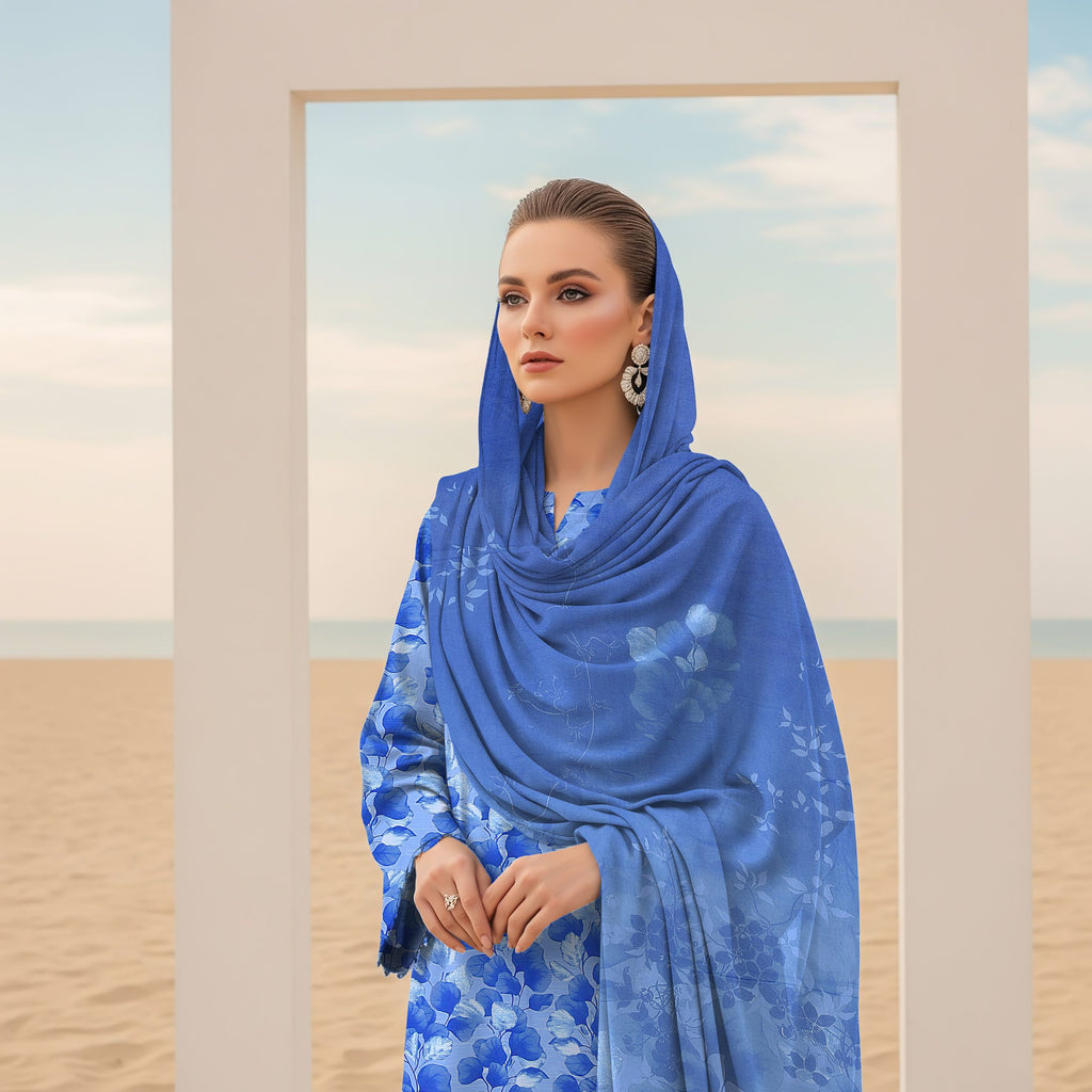 Woman wearing sky blue embroidered viscose shirt with printed dupatta ZAMARANG